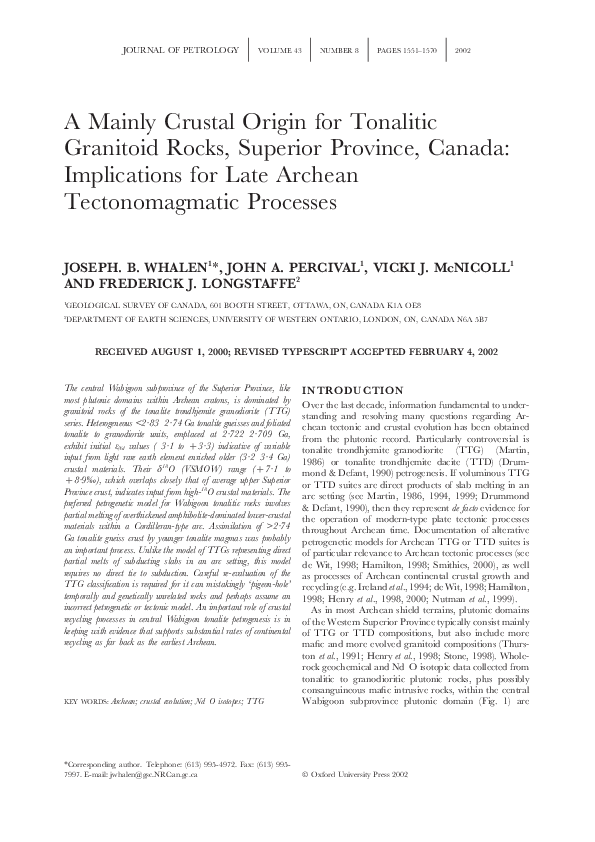 (PDF) A Mainly Crustal Origin for Tonalitic Granitoid Rocks, Superior ...