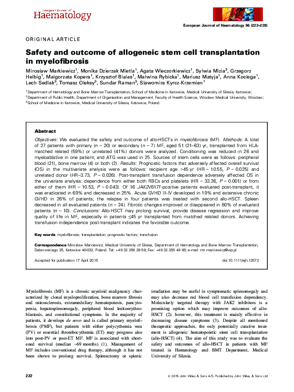 (PDF) Safety and outcome of allogeneic stem cell transplantation in ...