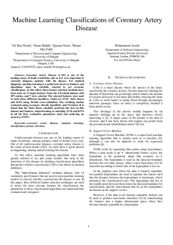 (PDF) Machine Learning Classifications of Coronary Artery Disease