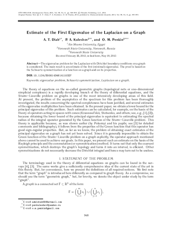 (PDF) Estimate of the first eigenvalue of the Laplacian on a graph