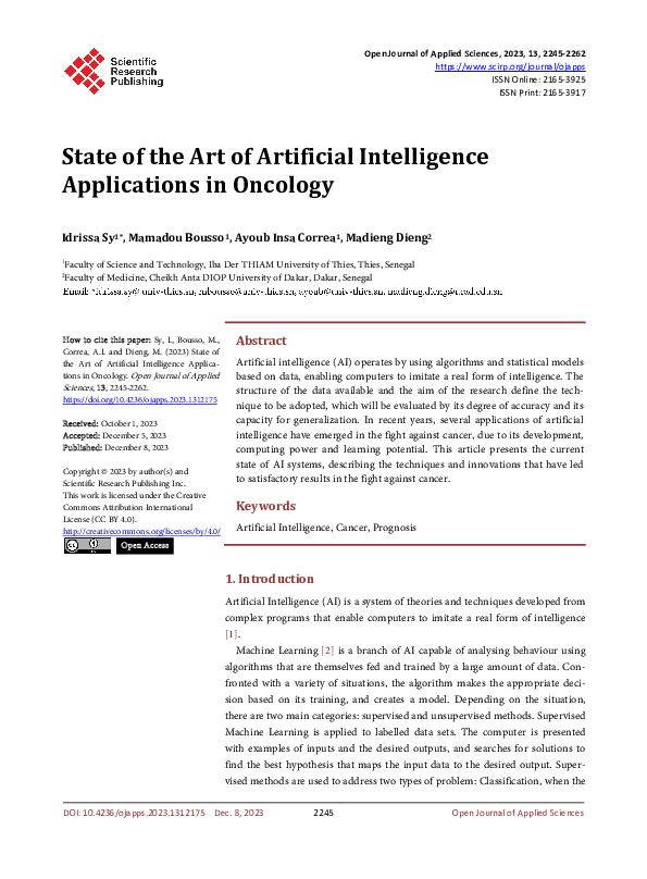 (PDF) State of the Art of Artificial Intelligence Applications in Oncology