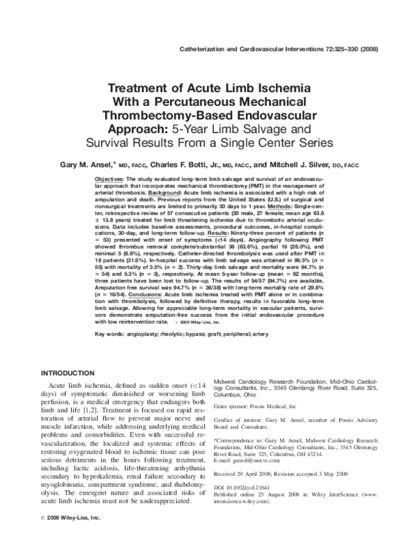 (PDF) Treatment of acute limb ischemia with a percutaneous mechanical ...