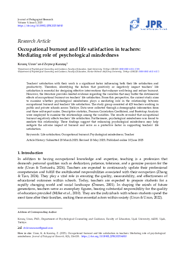 (PDF) Occupational Burnout and Life Satisfaction in Teachers: Mediating ...