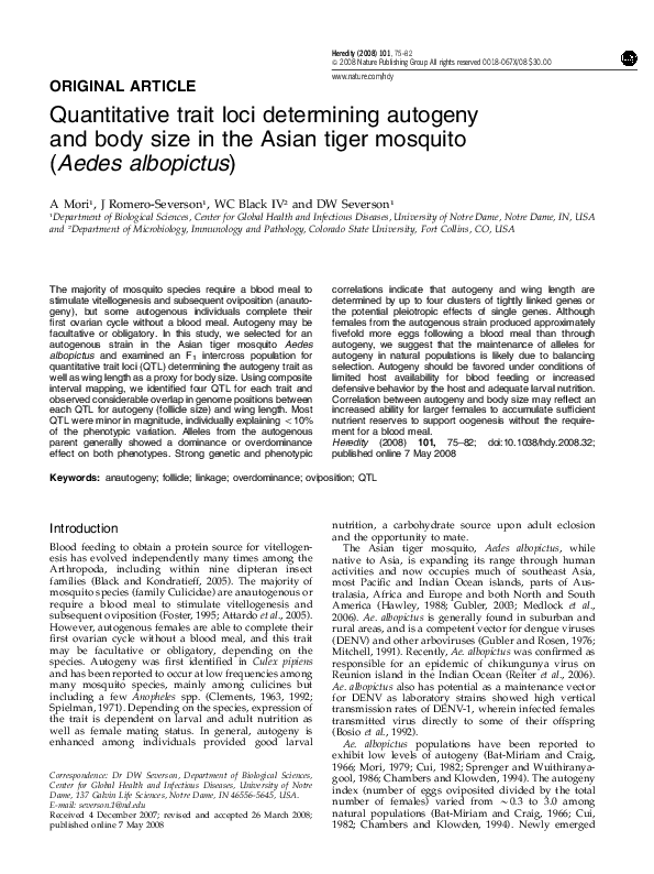 (PDF) Quantitative trait loci determining autogeny and body size in the ...