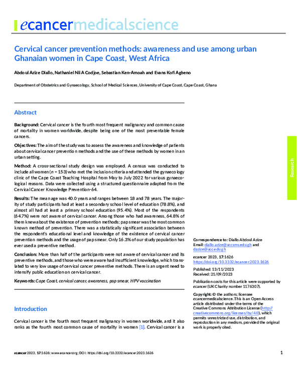(PDF) Cervical cancer prevention methods: awareness and use among urban ...