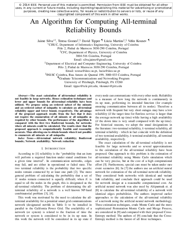 (PDF) An algorithm for computing all-terminal reliability bounds