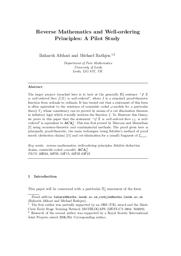 (PDF) Reverse mathematics and well-ordering principles: A pilot study