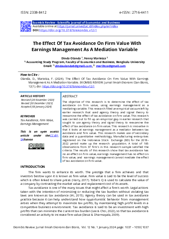 (PDF) The Effect Of Tax Avoidance On Firm Value With Earnings ...