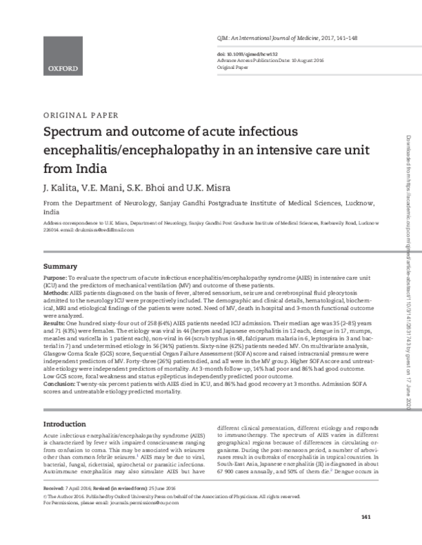 (PDF) Spectrum and outcome of acute infectious encephalitis ...