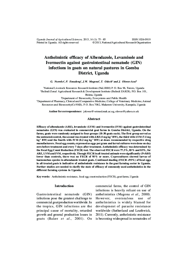 (PDF) Anthelmintic efficacy of Albendazole, Levamisole and Ivermectin ...