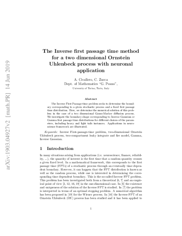 (PDF) The Inverse first passage time method for a two compartment model ...