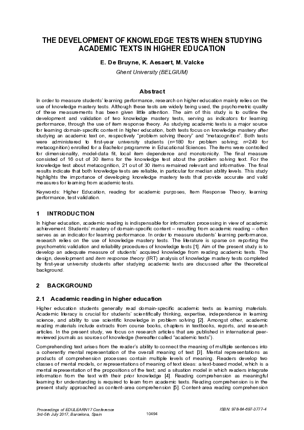 (PDF) The Development of Knowledge Tests When Studying Academic Texts ...