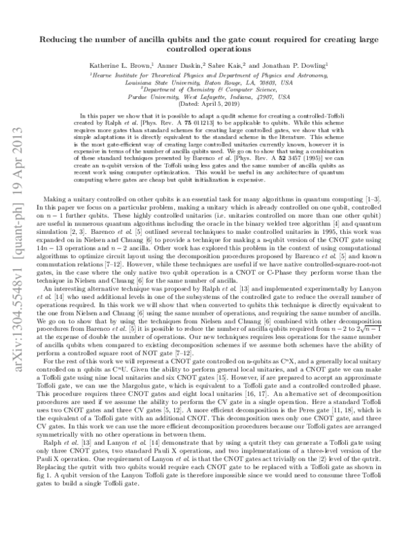 (PDF) Reducing the number of ancilla qubits and the gate count required ...