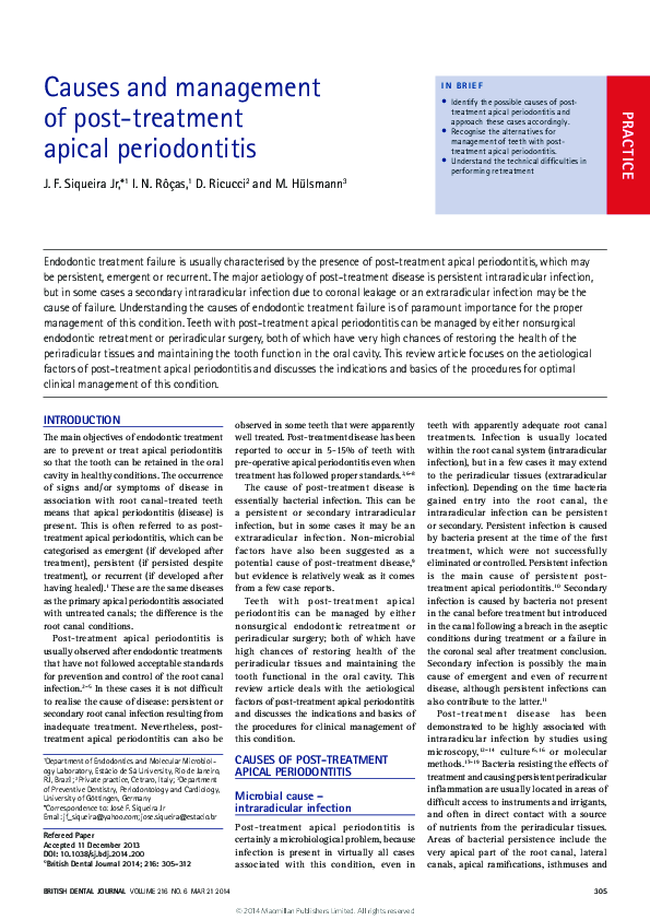 (PDF) Causes and management of post-treatment apical periodontitis