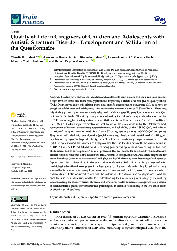 (PDF) Quality of Life in Caregivers of Children and Adolescents with ...