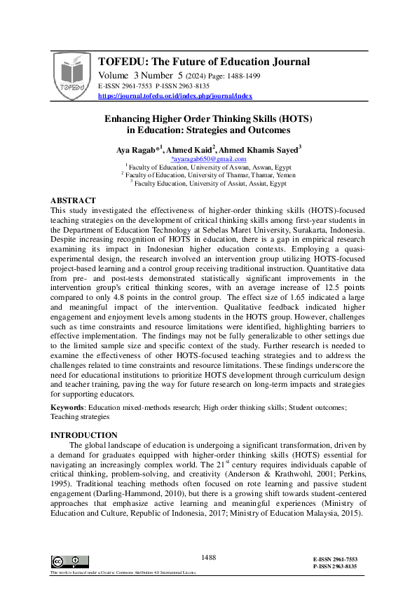(PDF) Enhancing Higher Order Thinking Skills (HOTS) in Education ...