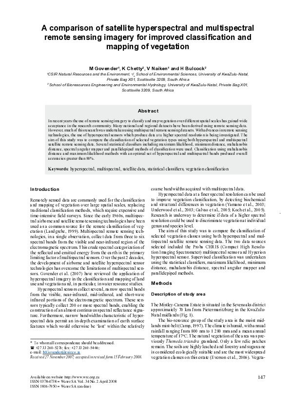 (PDF) A comparison of satellite hyperspectral and multispectral remote ...