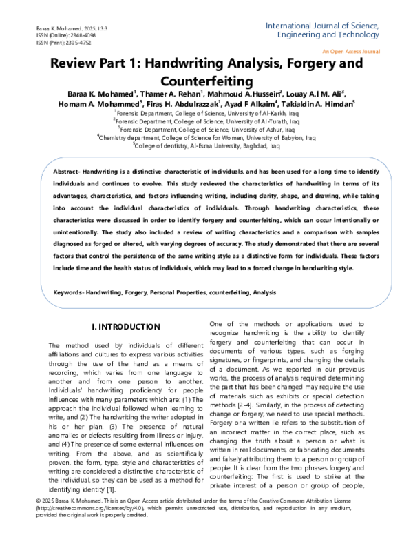 (PDF) Review Part 1: Handwriting Analysis, Forgery and Counterfeiting
