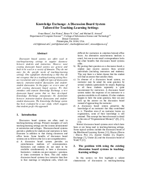 (PDF) Knowledge Exchange: A Discussion Board System Tailored for ...