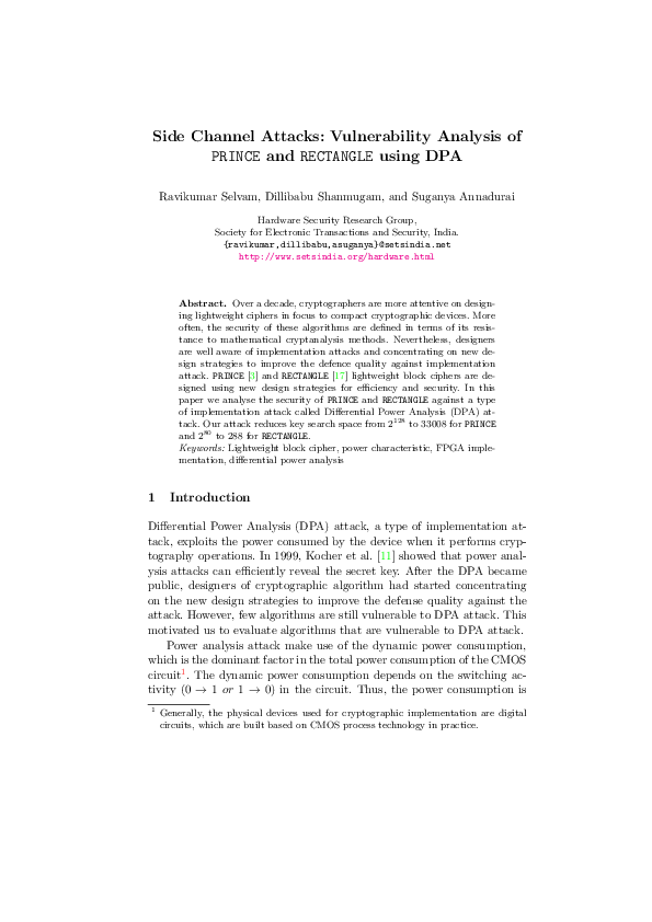 (PDF) Side Channel Attacks: Vulnerability Analysis of PRINCE and ...