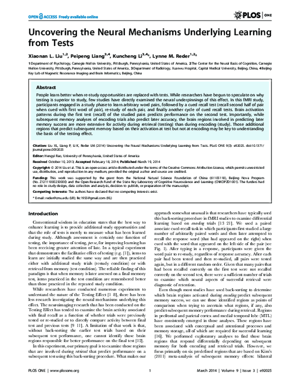 (PDF) Uncovering the Neural Mechanisms Underlying Learning from Tests