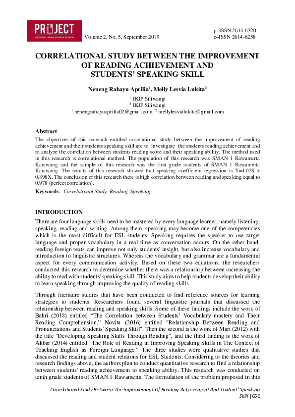 (PDF) Correlational Study Between the Improvement of Reading ...