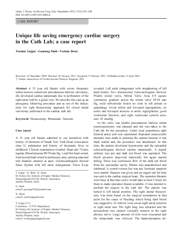 (PDF) Unique life saving emergency cardiac surgery in the Cath Lab; a ...