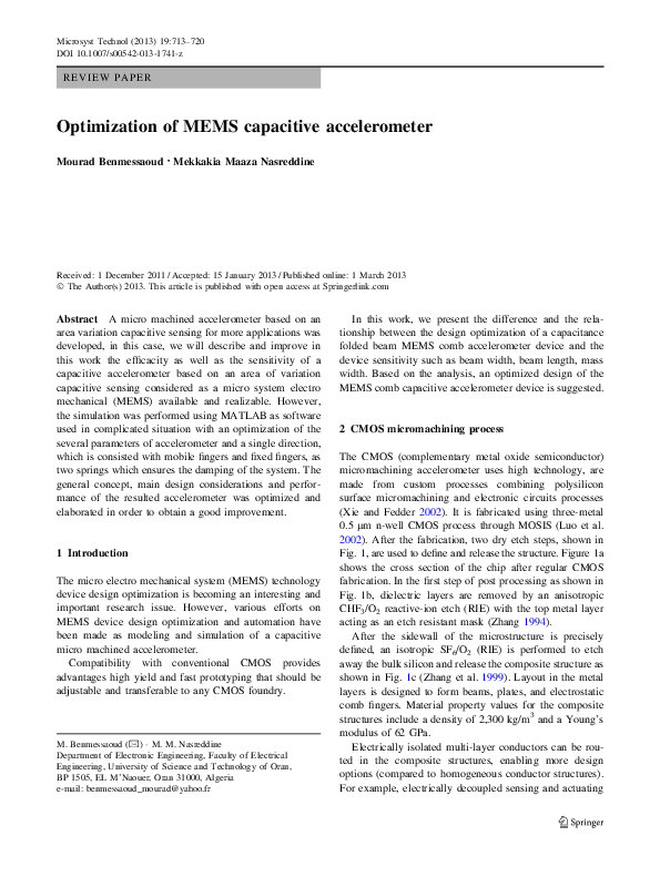 (PDF) Optimization of MEMS capacitive accelerometer