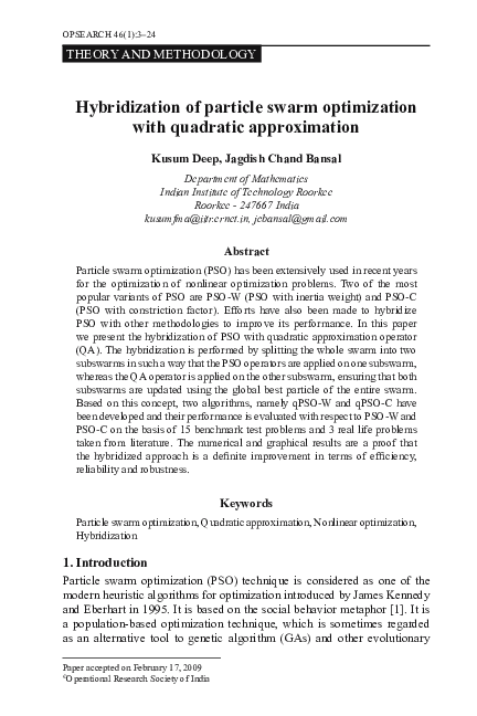 (PDF) Hybridization of particle swarm optimization with quadratic ...