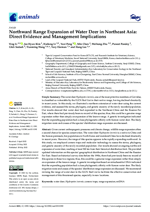 (PDF) Northward Range Expansion of Water Deer in Northeast Asia: Direct ...