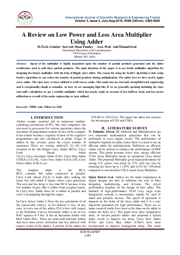 (PDF) A Review on Low Power and Less Area Multiplier Using Adder