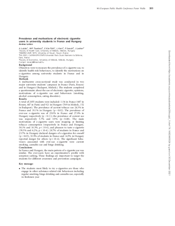 PDF) Prevalence and motivations of electronic cigarette users in university  students in France and Hungary
