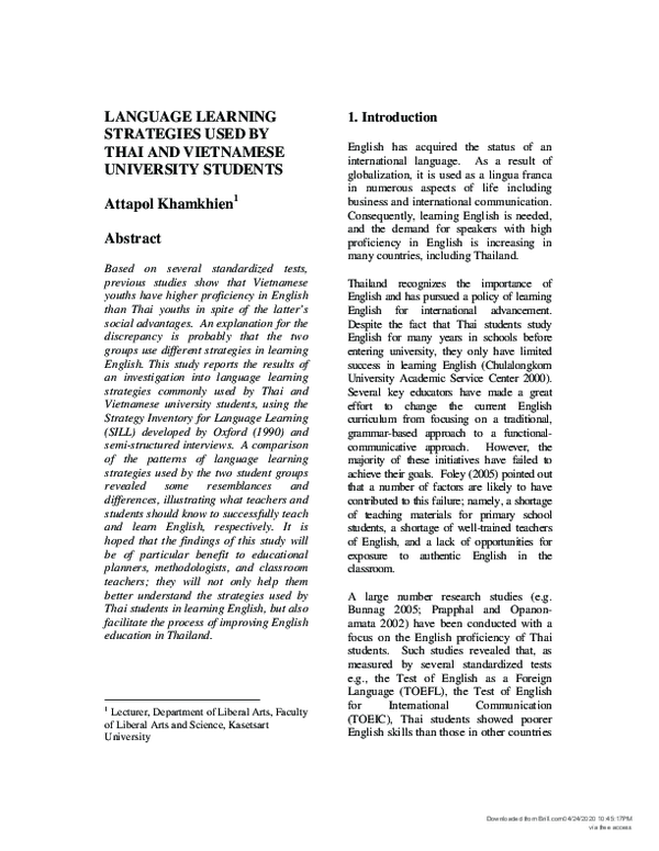 (PDF) Language Learning Strategies Used by Thai and Vietnamese ...