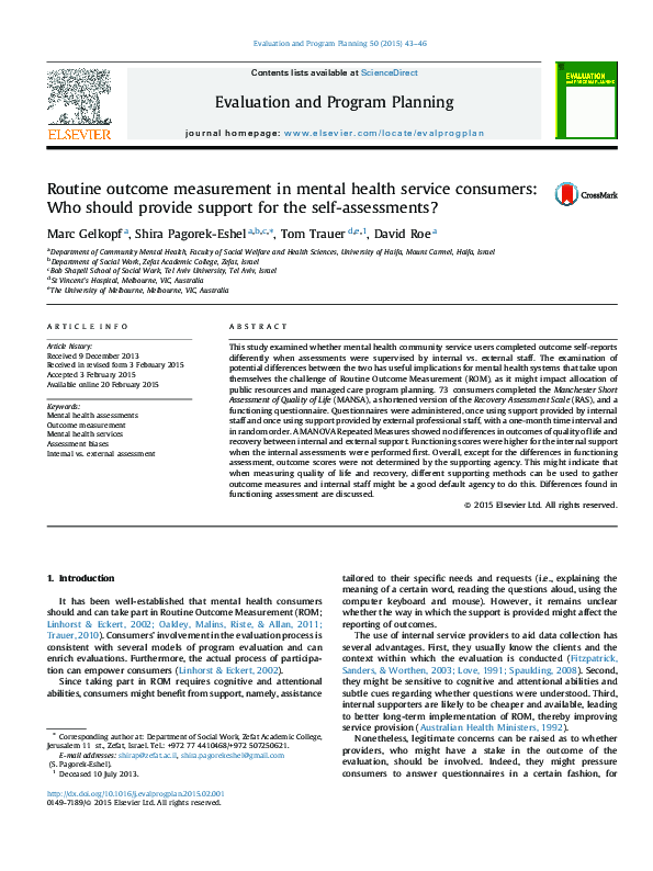 (PDF) Routine Outcome Measurement in Mental Health Service Consumers ...