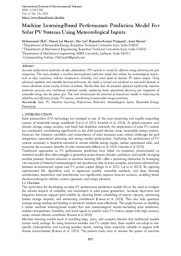 (PDF) Machine Learning-Based Performance Prediction Model For Solar PV ...