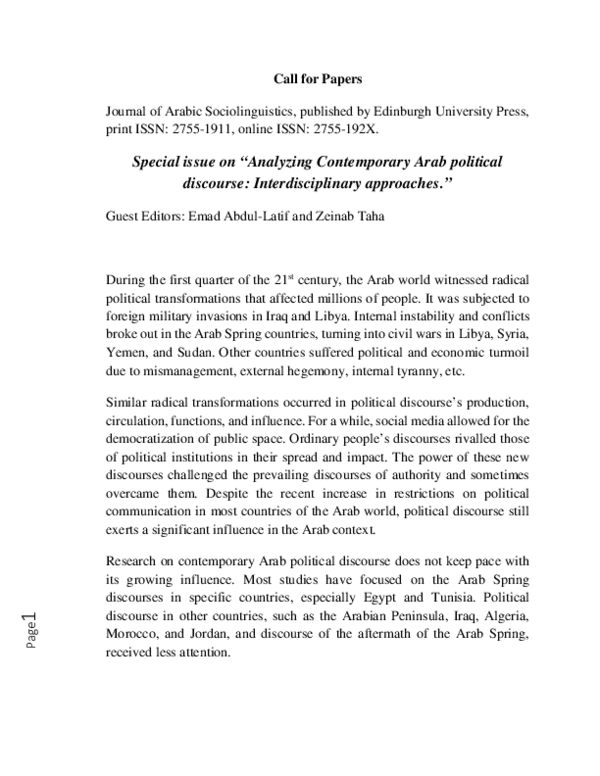 (PDF) Deadline EXTENDED...Call for papers: Arab political discourse