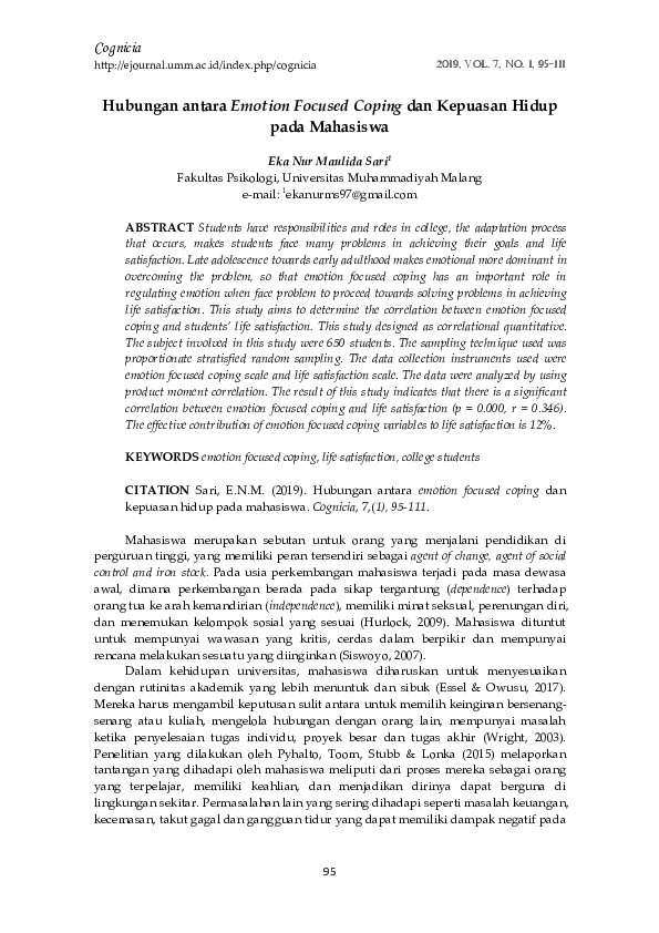 (PDF) Hubungan antara emotion focused coping dan kepuasan hidup pada ...