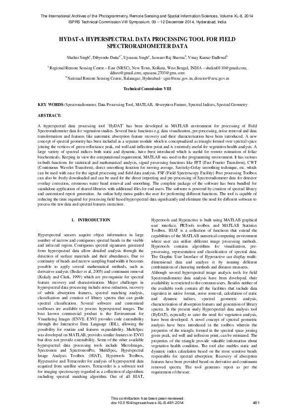 Pdf Hydat A Hyperspectral Data Processing Tool For Field