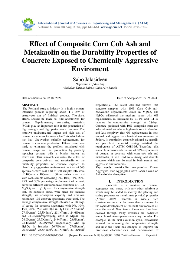 (PDF) Effect of Composite Corn Cob Ash and Metakaolin on the Durability ...