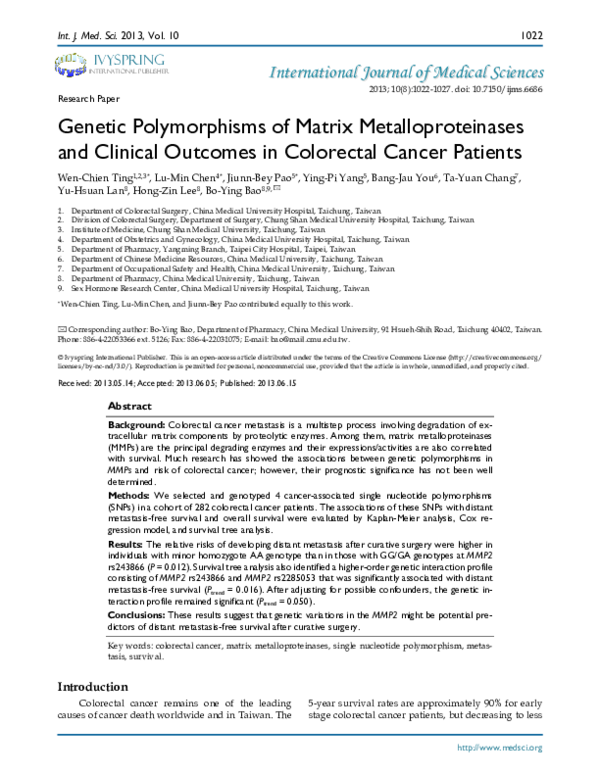 (PDF) Genetic polymorphisms of the matrix metalloproteinase-3 (MMP-3 ...
