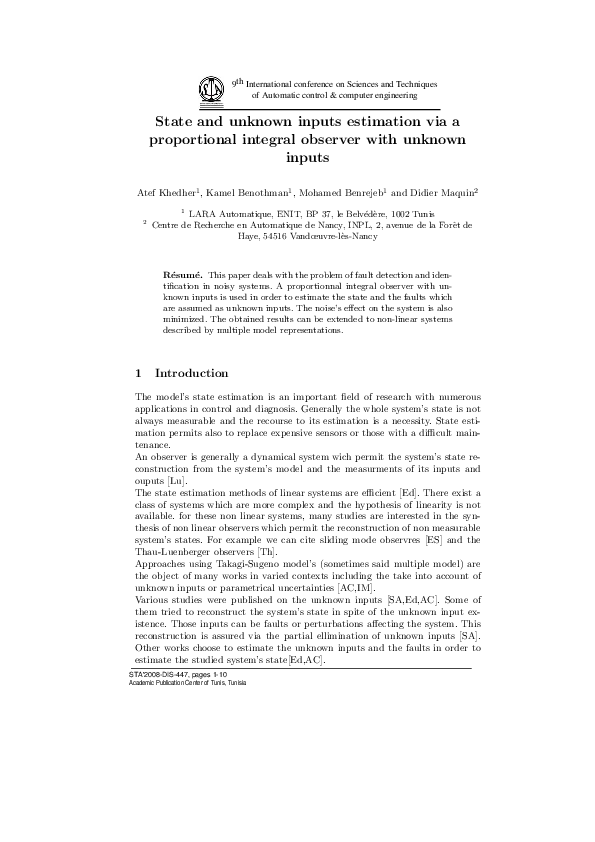 (PDF) State and unknown input estimation via a proportional integral ...