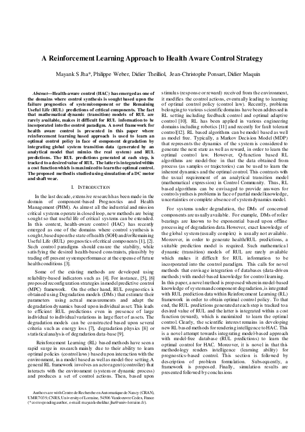 (PDF) A Reinforcement Learning Approach to Health Aware Control Strategy