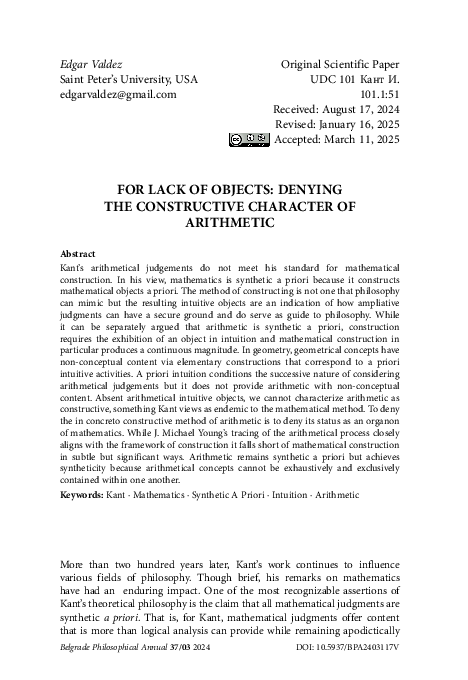 (PDF) FOR LACK OF OBJECTS: DENYING THE CONSTRUCTIVE CHARACTER OF ARITHMETIC