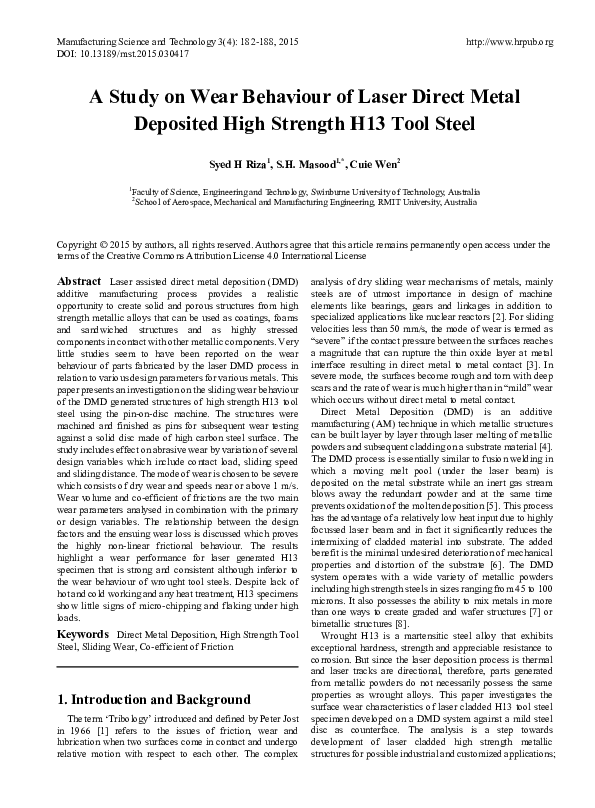 (PDF) A Study on Wear Behaviour of Laser Direct Metal Deposited High ...