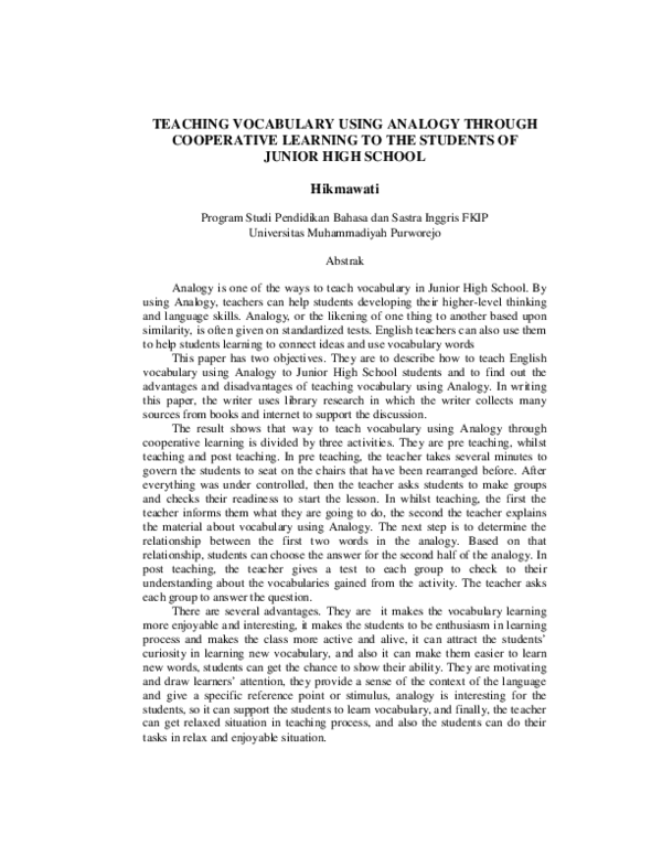 (PDF) Teaching Vocabulary Using Analogy Through Cooperative Learning to ...