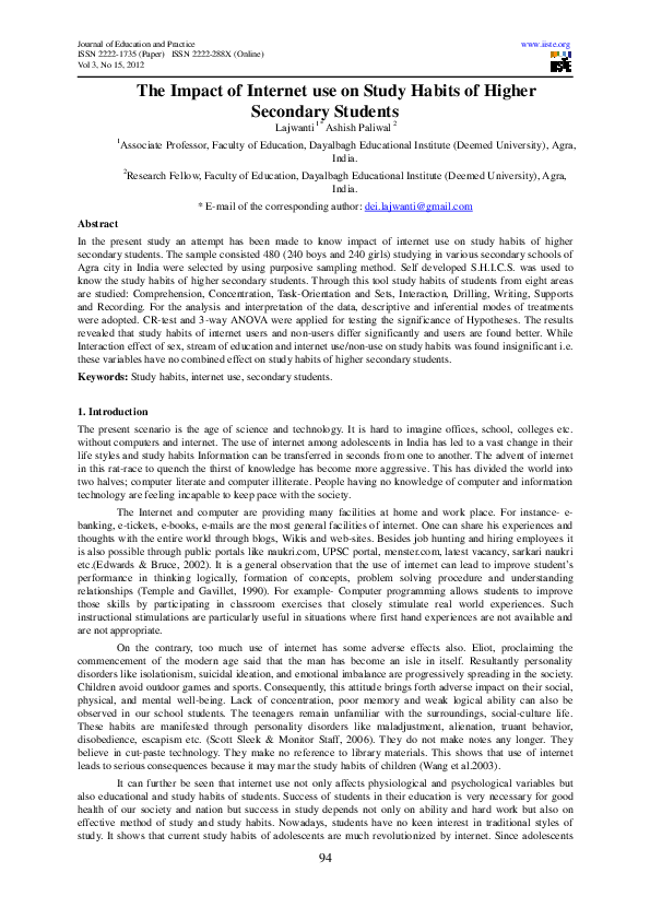 (PDF) The Impact of Internet use on Study Habits of Higher Secondary ...
