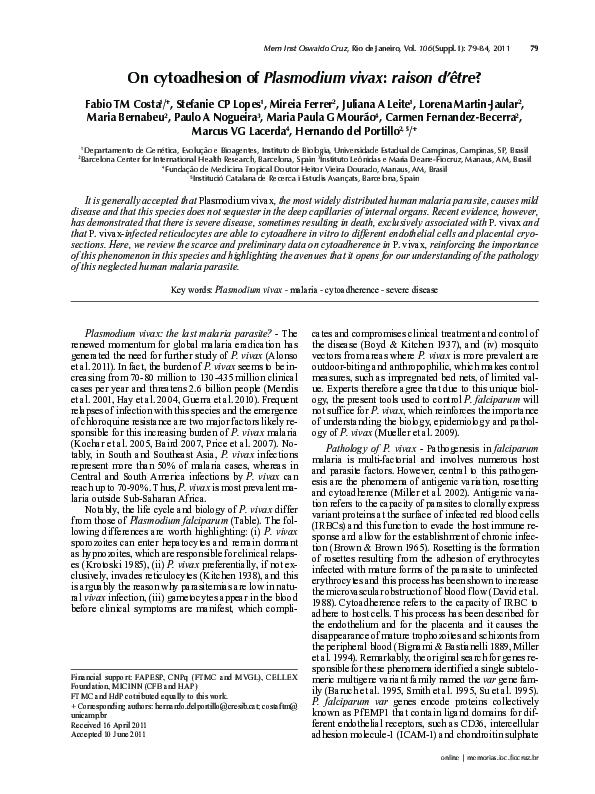 (PDF) On cytoadhesion of Plasmodium vivax: raison d'être?