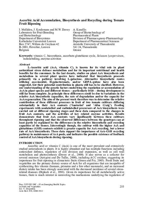 (PDF) Ascorbic Acid Accumulation, Biosynthesis and Recycling During ...