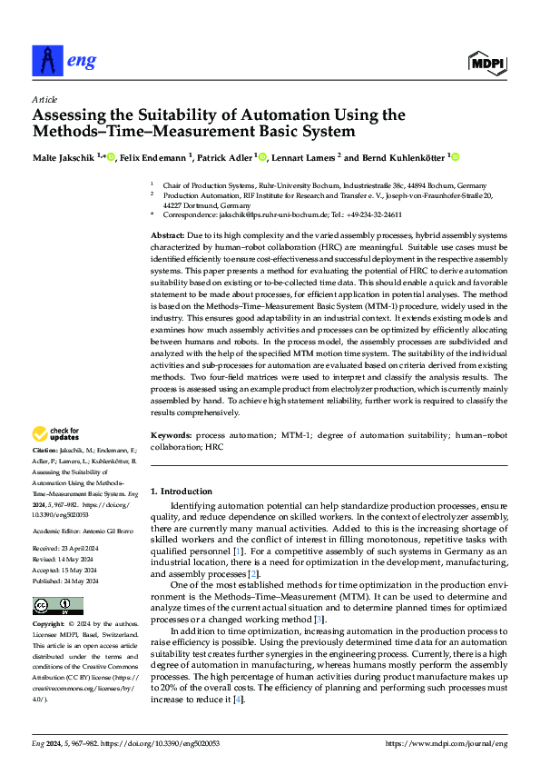 (PDF) Assessing the Suitability of Automation Using the Methods–Time ...