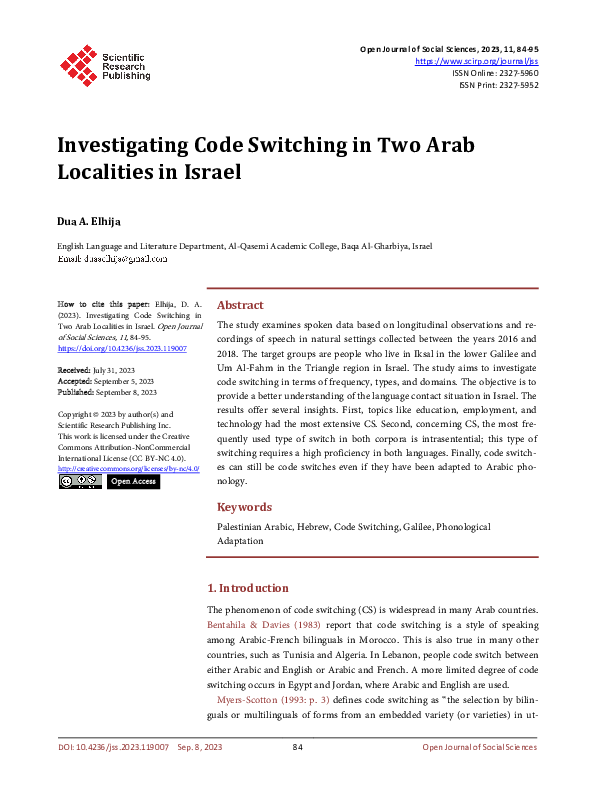 (PDF) Investigating Code Switching in Two Arab Localities in Israel